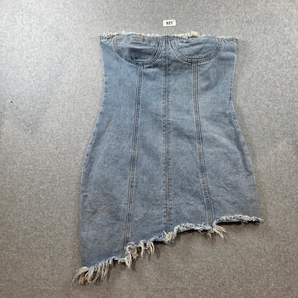 Cider Light Blue Denim Strapless Mini Dress with Frayed Hem